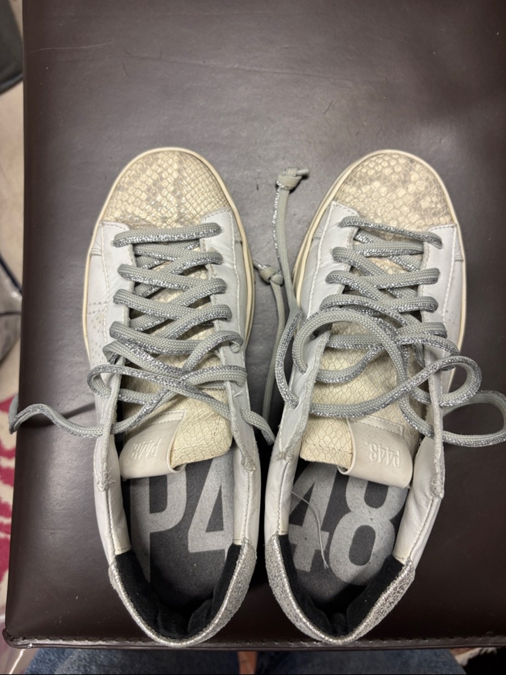 P448 White Grey Metallic Lace-Up Sneakers with Textured Toe